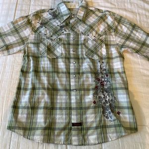 Fender by Rock & Roll Religion Embroidered Plaid Long Sleeved Shirt Mens size M